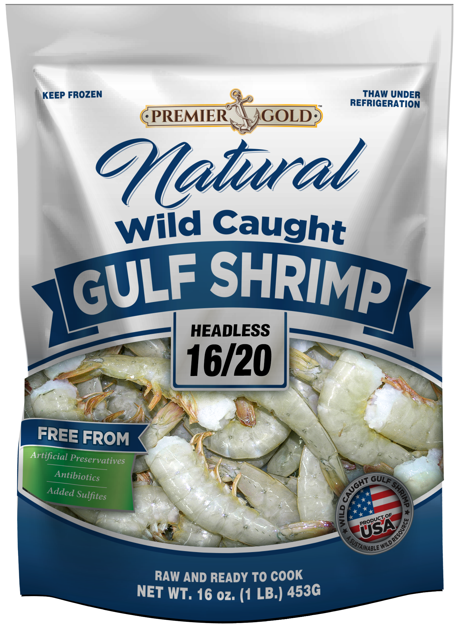 Premier Gold Natural Wild-Caught Gulf Shrimp <span>Headless and Peeled & Deveined</span> Packaging