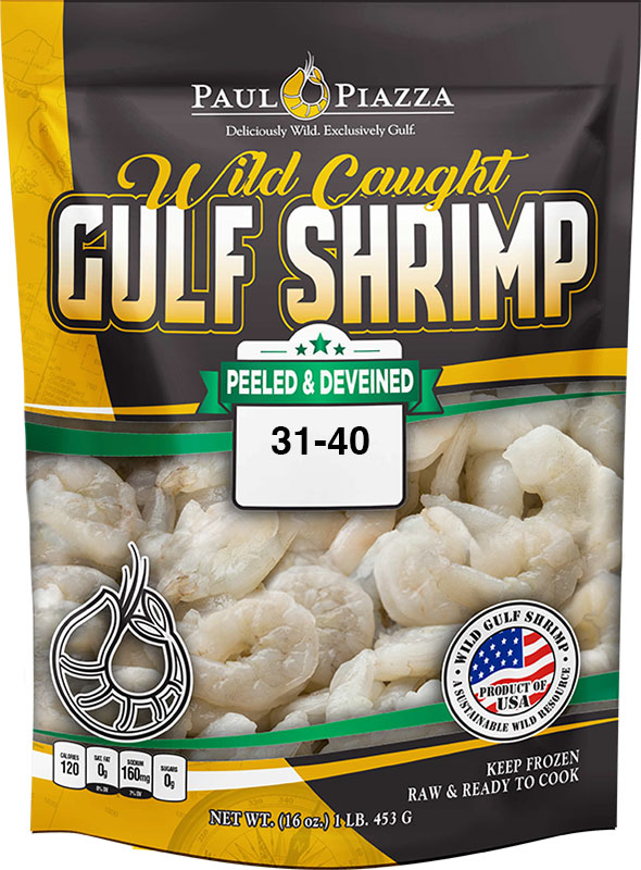 Wild Caught Gulf Shrimp <span>Peeled & Deveined</span> Tail-Off Packaging