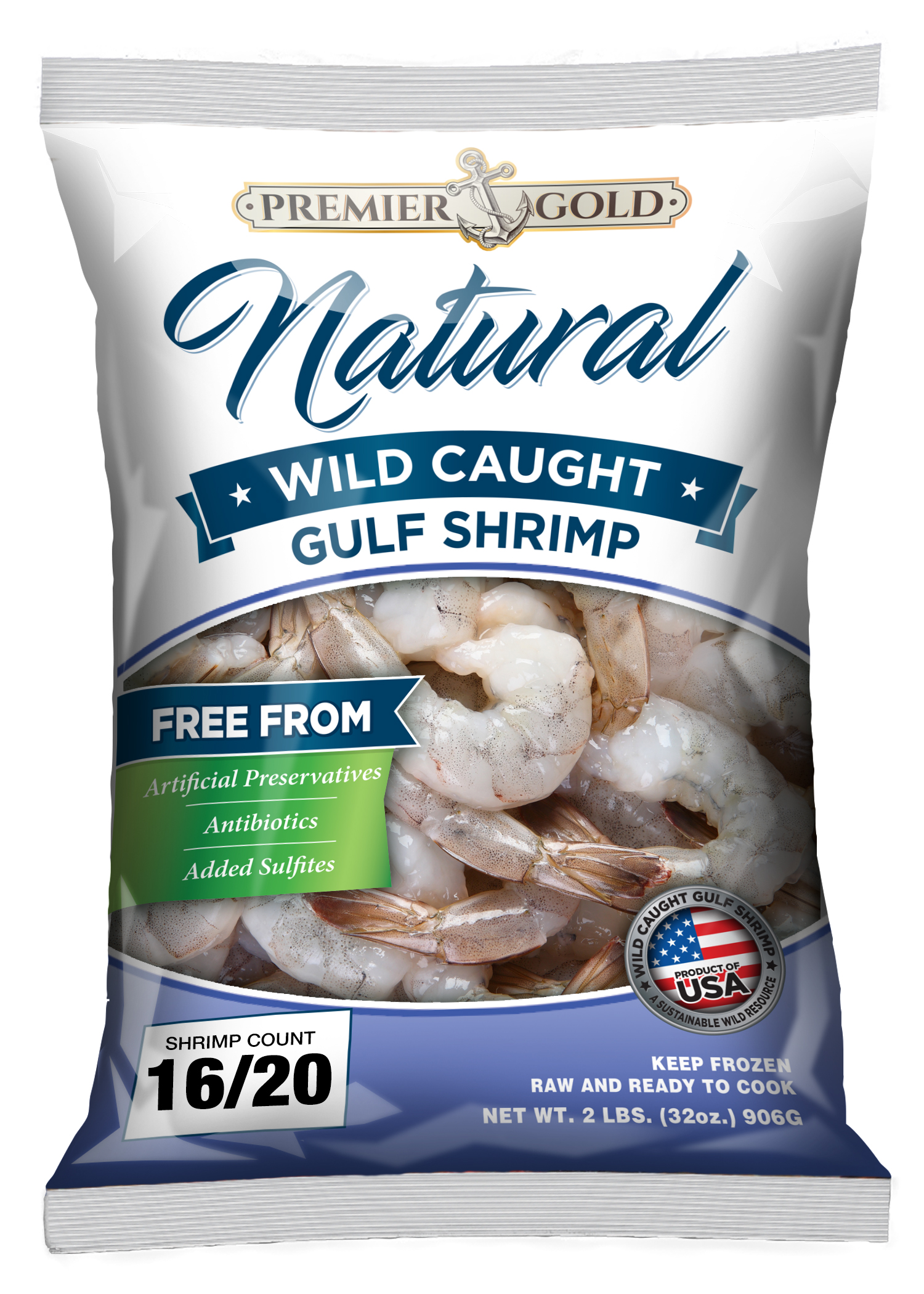 Premier Gold Natural Wild-Caught Gulf Shrimp <span>Headless and Peeled & Deveined</span> Packaging